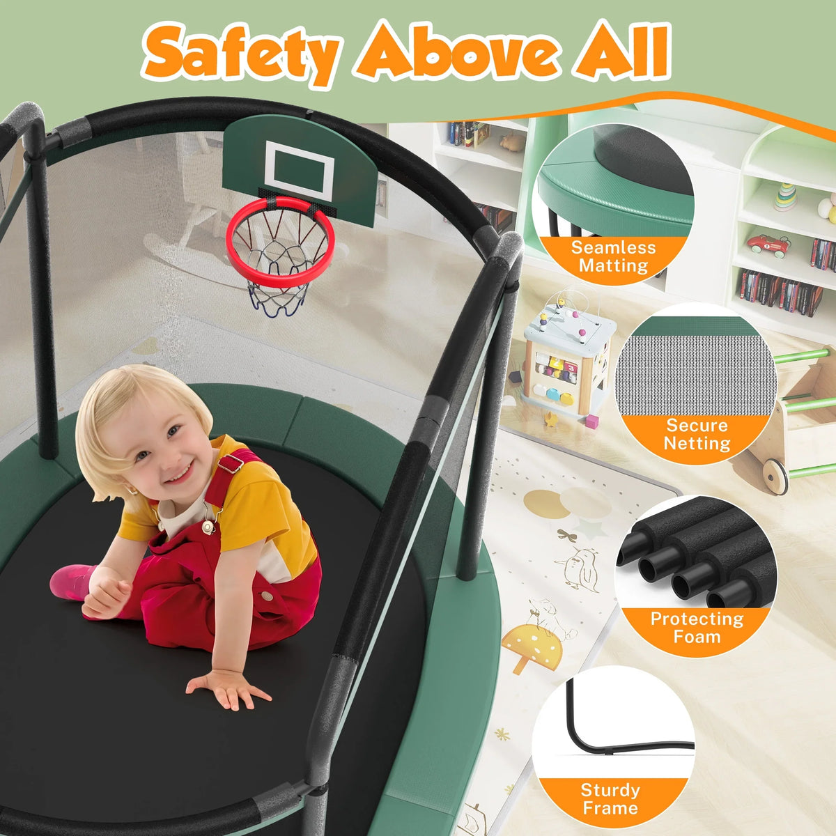 SHINPT 4x6FT Toddler Trampoline for Kids, Kids Indoor Trampoline with 771LBS Load-Bearing Capacity, Mini Trampoline Indoor & Outdoor, Small Trampoline with 4 Accessories & Adjustable Gymnastics Bar