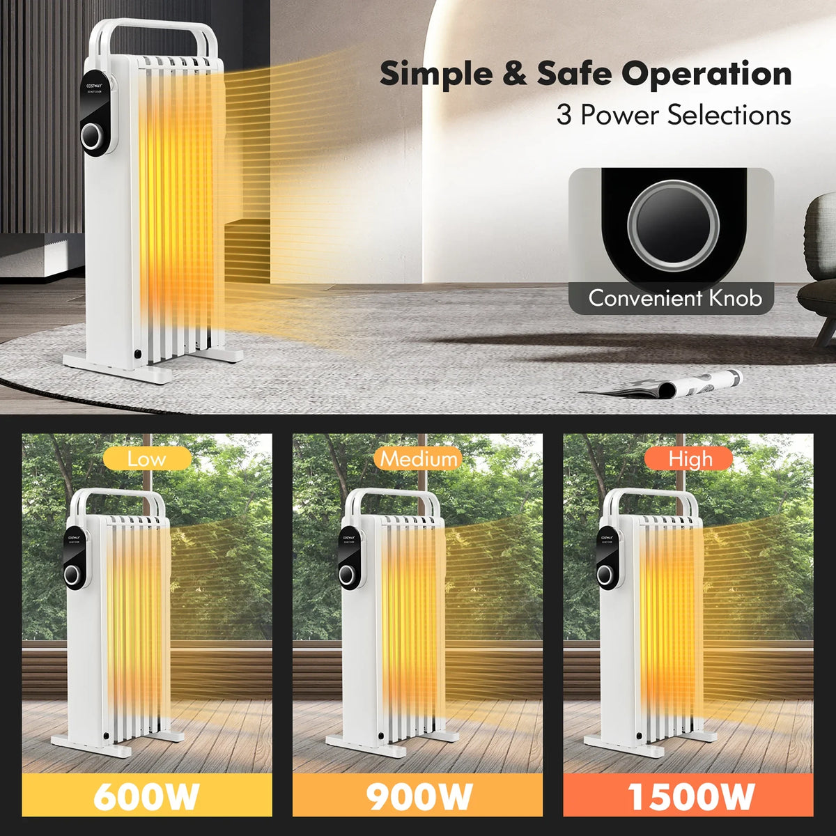 Costway 1500W Electric Space Heater Oil Filled Radiator Heater W/ Foldable Rack White