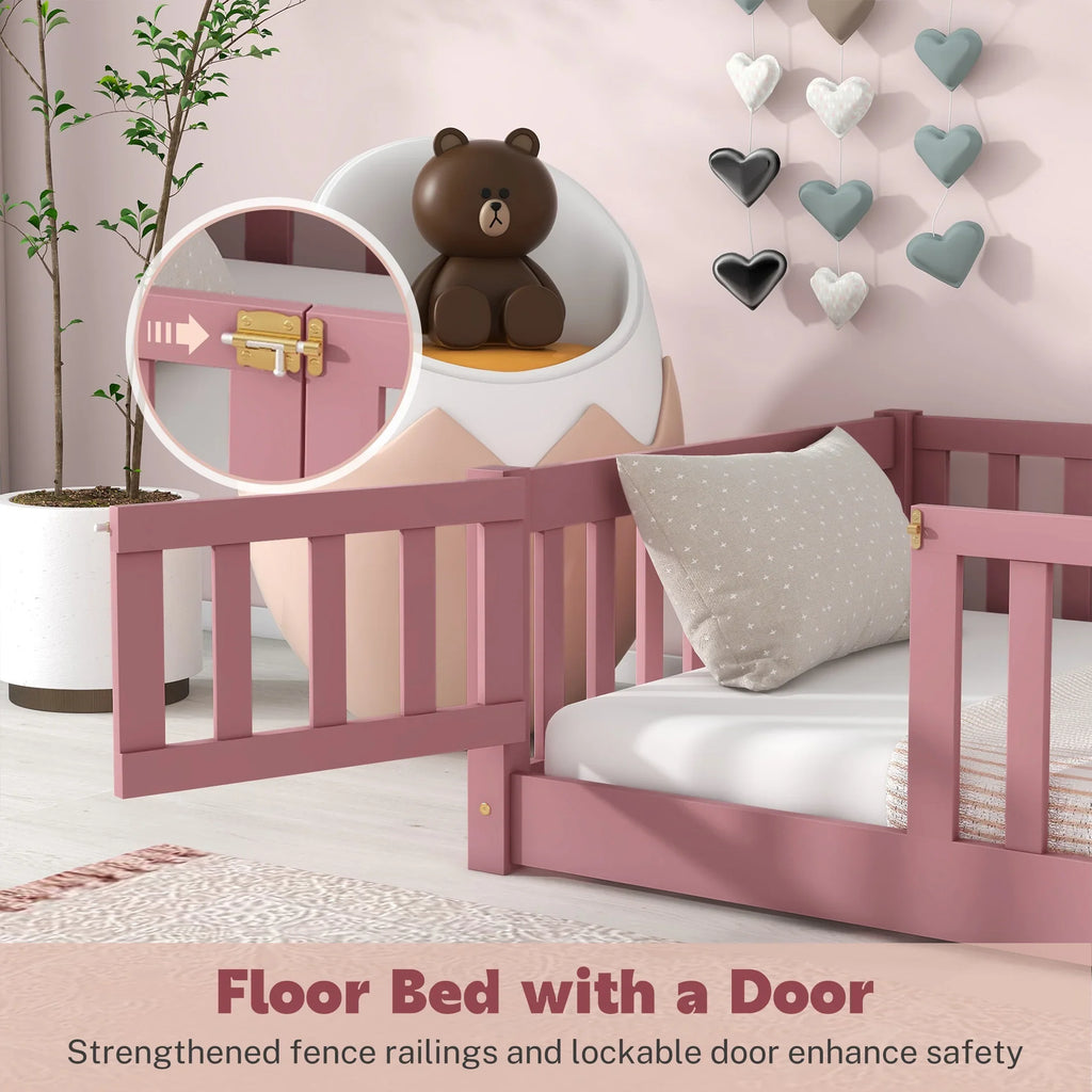 PAPROOS Twin Size Floor Bed, Solid Wood Toddler Bed with Slat, Fence Guardrail and Door, No Box Spring Needed, Montessori Bed, Twin Bed for Kids, Boys, Girls, Gray