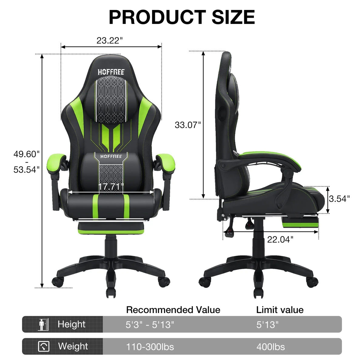HOFFREE Big and Tall Gaming Chair with Speakers and RGB Lights, Gamer Chair with Footrest, Lumbar Support Height Adjustable 360-Swivel Seat and Headrest for Adults, 400lbs