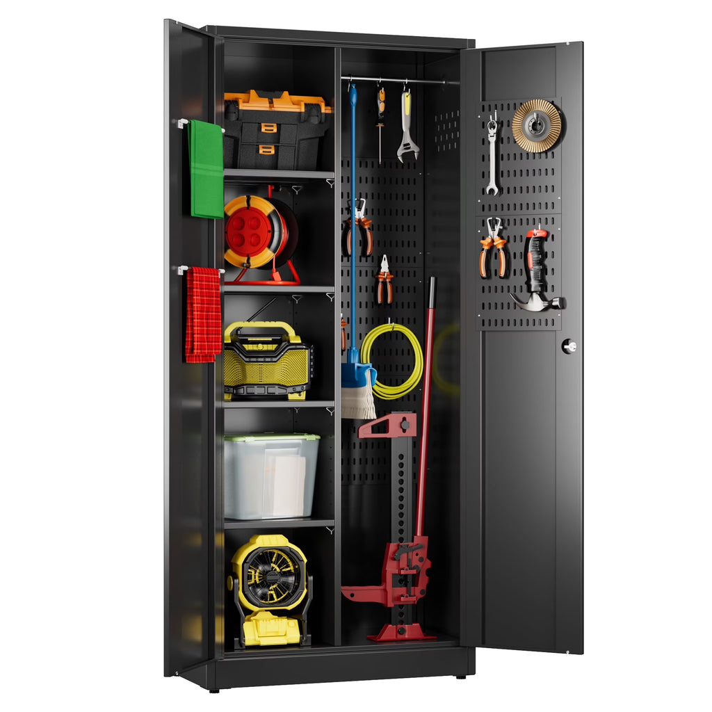 GAEANET 2 Door Metal Storage Cabinet with 5 Adjustable Shelves &Pegboard, 71" H"32" W"16" D Locking Steel Garage Cabinet, for Garage,Office,Home,Gym,School, File Cabinet,Assembly Required, Black