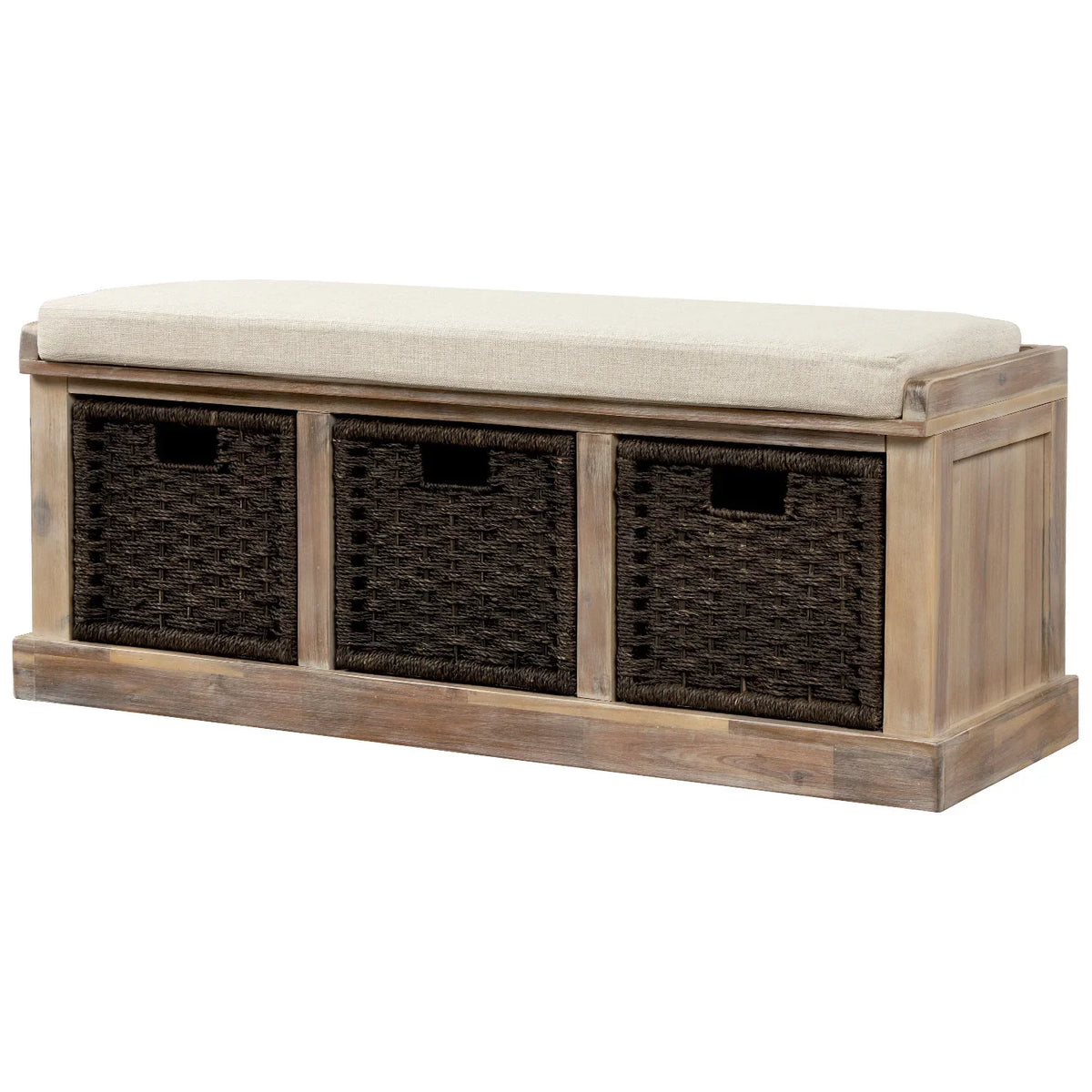 Entryway Storage Bench with 3 Woven Baskets and Removable Cushion, Entry Hallway Foyer Shoe Bench End of Bed Bench, Fully Assembled, 41.3" L x 15.7" W x 17" H (White Washed)
