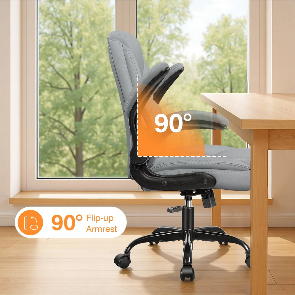 Primy Compact PU Leather Office Chair - Ergonomic Adjustable Height Computer Desk Chair with Flip-Up Armrests, Mid-Back Executive Swivel Chair on Wheels for Small Spaces & Petite Users, Black