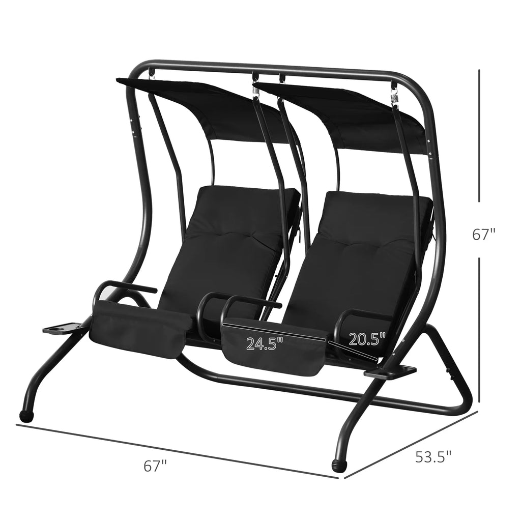 Outsunny 2-Seat Modern Steel Canopy Porch Swing with Cup Holder and Cushions, Beige/Black