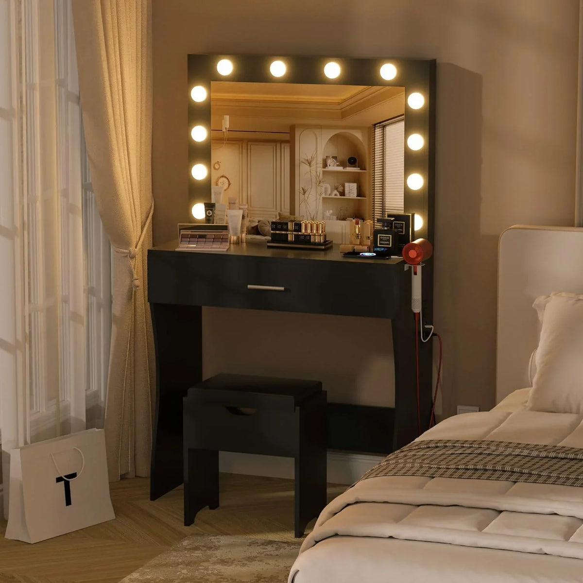 Vanity Table Set with Lighted Mirror,Makeup Vanity with Lights, Large Drawer Sturdy Wood Vanity, White
