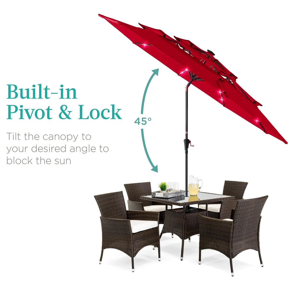 Best Choice Products 10ft 3-Tier Solar Patio Umbrella w/ 24 LED Lights, Tilt Adjustment, Easy Crank - Tan