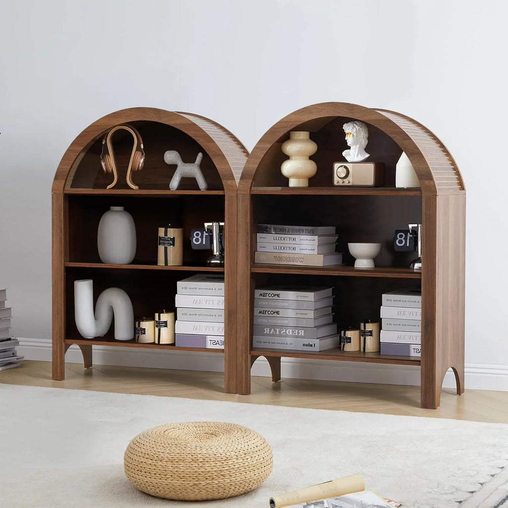 LEFHDA Small Kids Arched Bookshelf, Modern 3-Tier Open Bookshelf, Wood Freestanding Arched Bookcase with Adjustable Shelves, Covered Rounded Top Display Cabinet (Walnut)