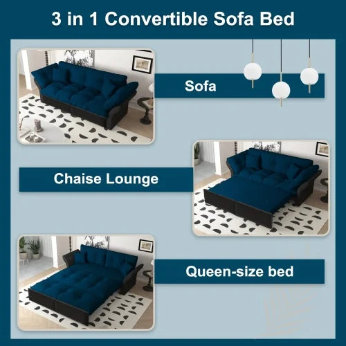 66" Queen Pull Out Sofa Bed, 3-in-1 Convertible Sleeper Sofa with Side Storage,Multi-Functional Velvet Loveseat Bed for Living Room,Bedroom