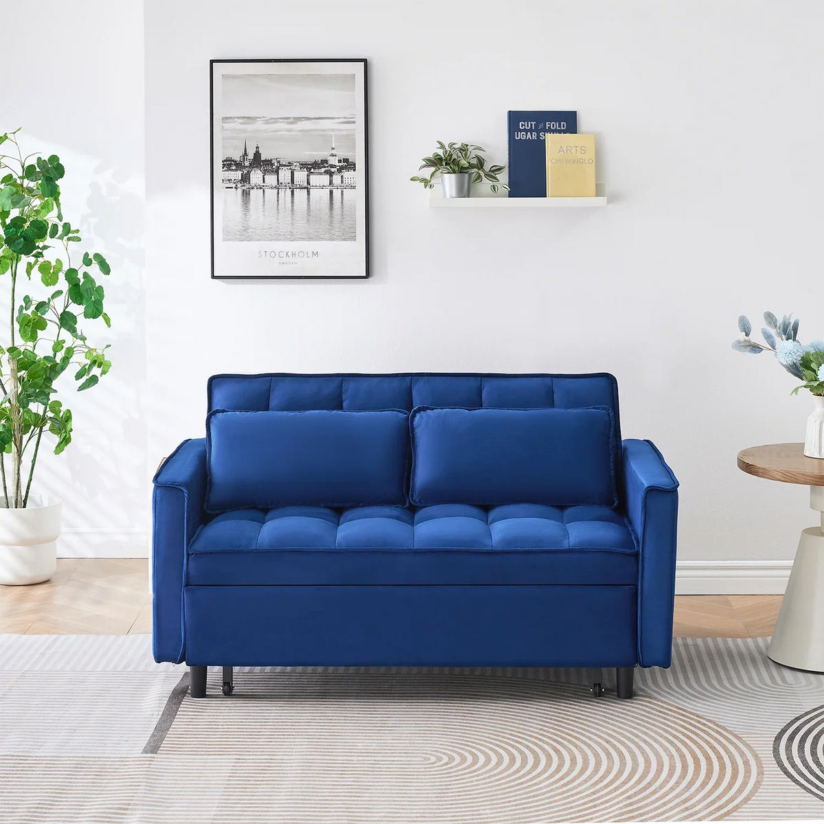 Adjustable Back Velvet Futon Sofa Bed, Modern Convertible Couples Sleeper with Side Pockets, Fold Down Couch for Living Room, Apartment,Blue