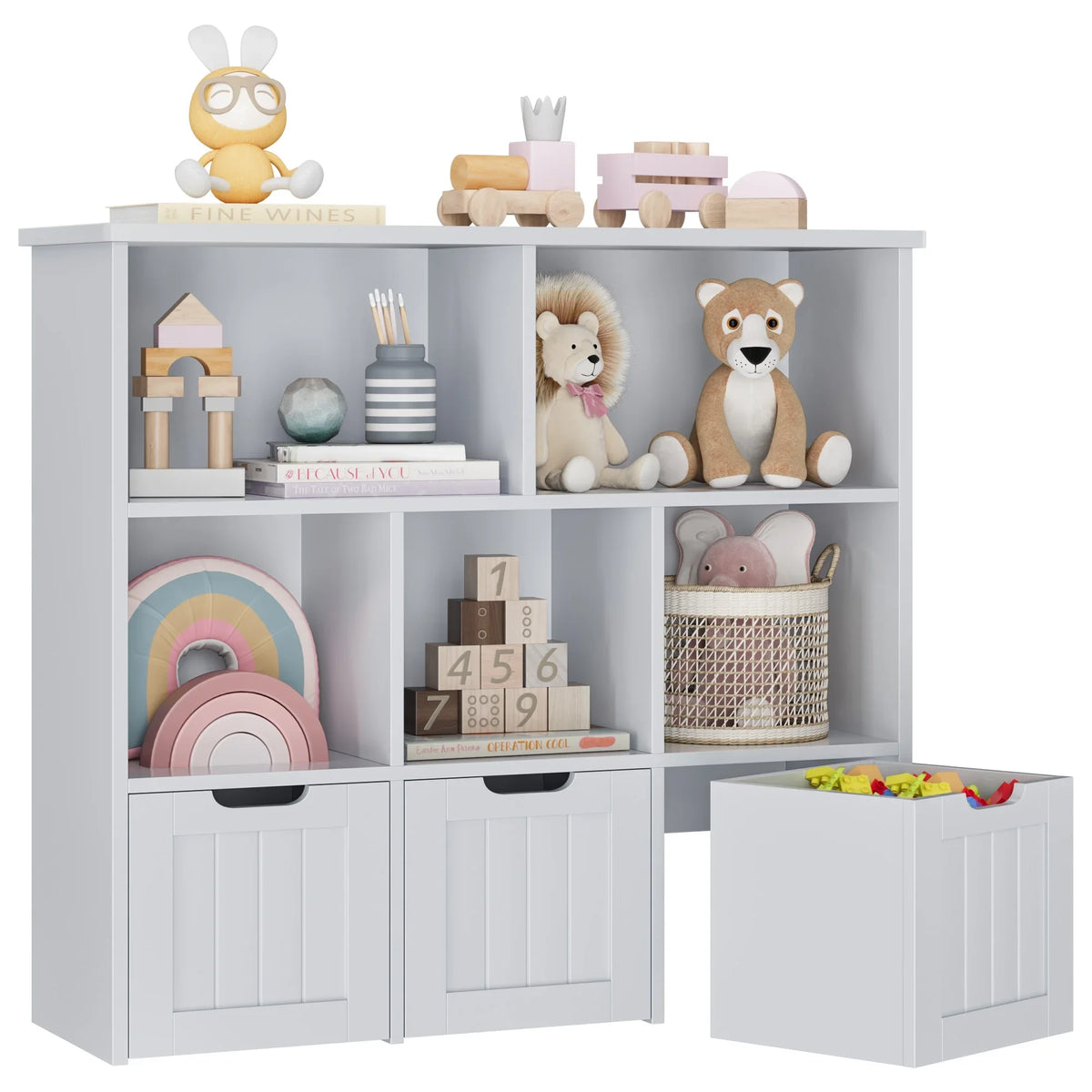 Homfa Toy Storage Organizer with 3 Movable Drawers, 5 Cube Kids Bookcase for Playroom, Storage Cabinet for Living Room, White Finish