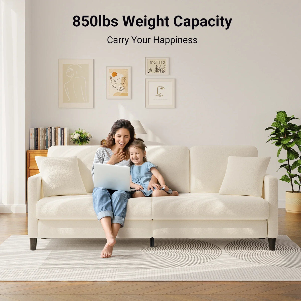 83" Comfortable Upholstered Sofa, 3 Seater Couch for Living Room, Neche Big Loveseat with Extra Deep Seats, 2 Pillows, Beige White