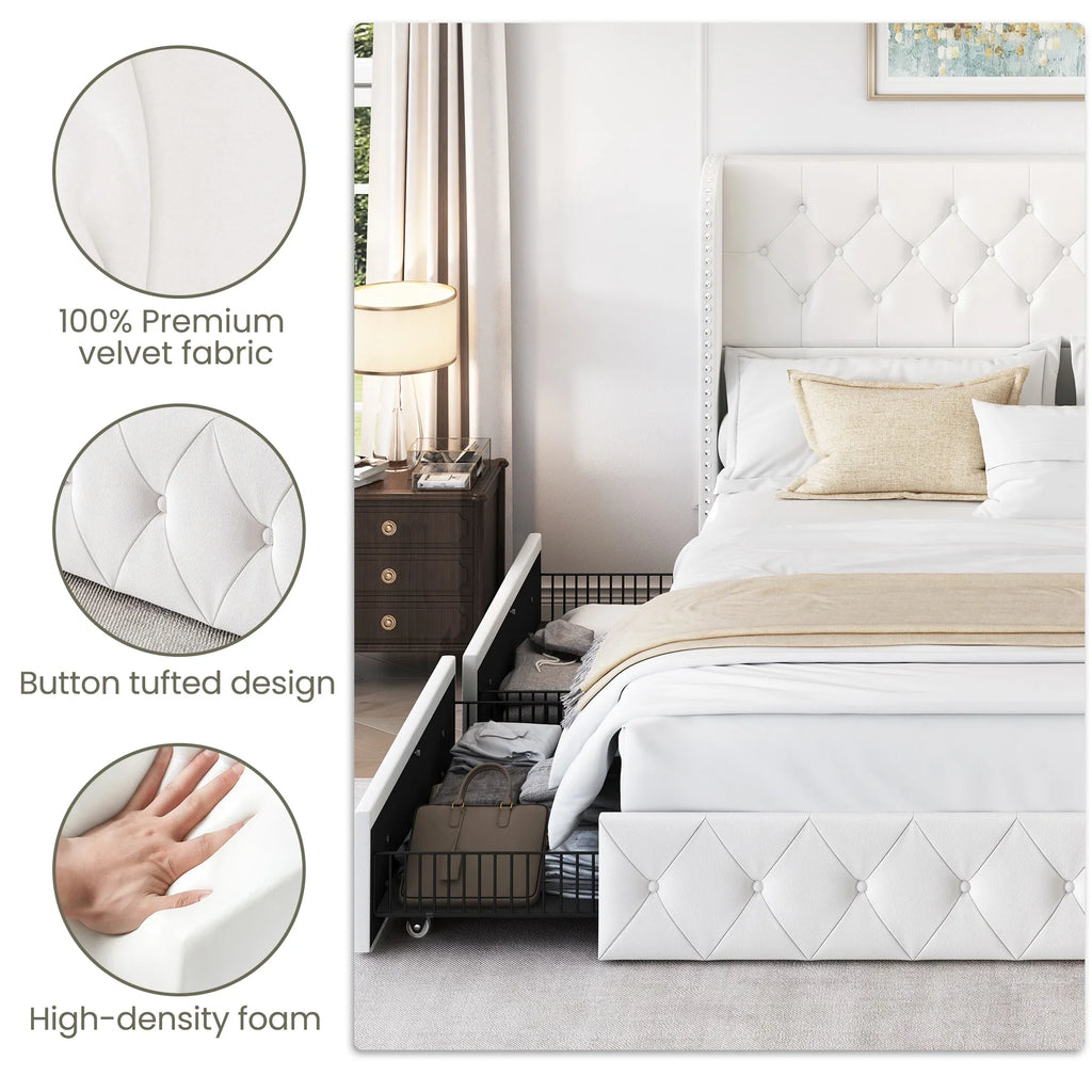 LARMACE Queen Size Platform Bed Frame with 4 Storage Drawers and Tufted Headboard Linen Upholstered Bed Wingback Bed Frame with Wooden Slats Support, Easy Assembly, Light Grey