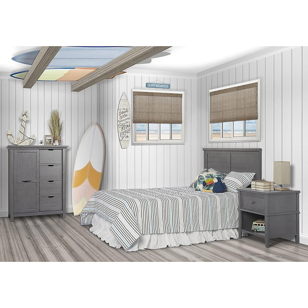 Evolur Belmar Flat 5-in-1 Convertible Crib. Rustic Grey