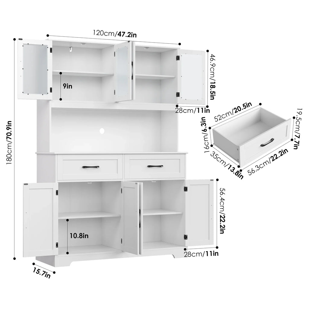 Homfa 71'' Tall 2 Drawer Kitchen Pantry Buffet Hutch, 4 Door Freestanding Cupboard Storage Cabinet, White