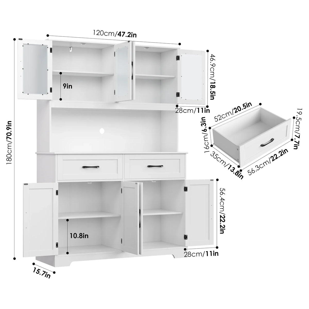 Homfa 71'' Tall 2 Drawer Kitchen Pantry Buffet Hutch, 4 Door Freestanding Cupboard Storage Cabinet, White