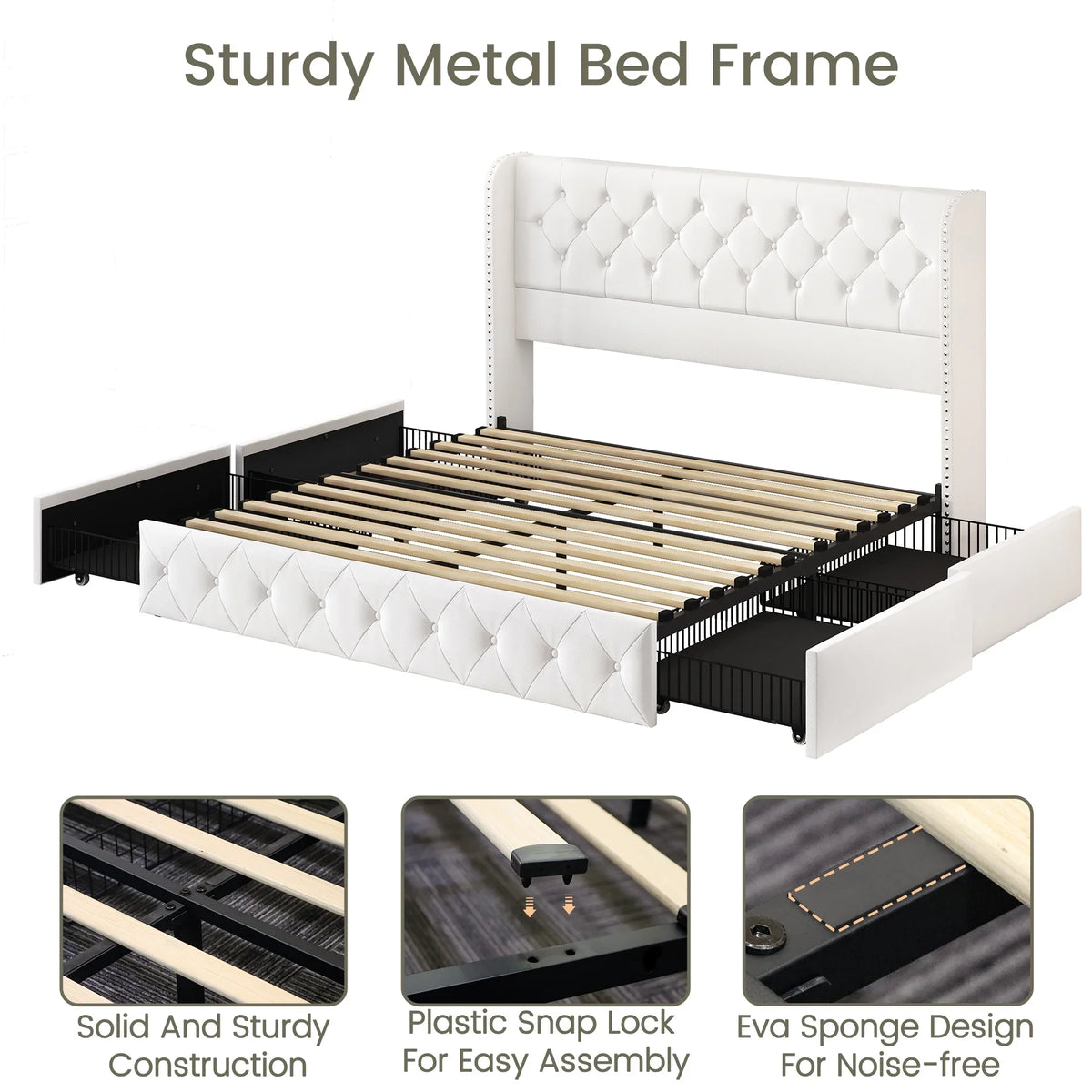 LARMACE Queen Size Platform Bed Frame with 4 Storage Drawers and Tufted Headboard Linen Upholstered Bed Wingback Bed Frame with Wooden Slats Support, Easy Assembly, Light Grey