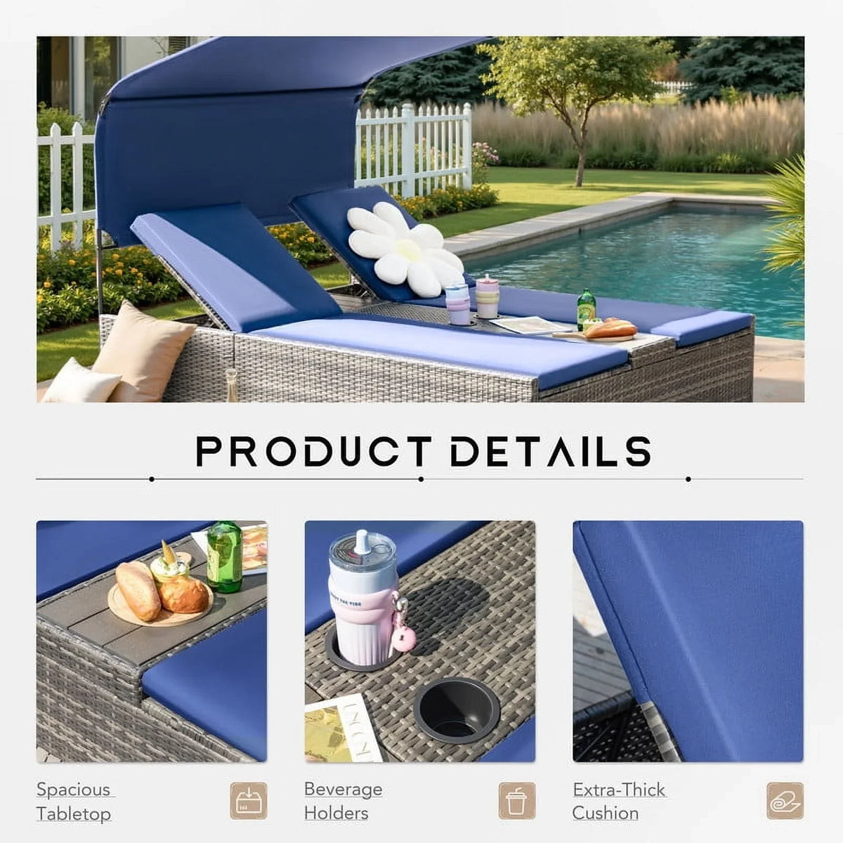 Devoko Rattan Double Lounge Chaise, Adjustable Backrest Daybed with Sunshade and Cup Holder for Deck, Poolside, Balcony,beige