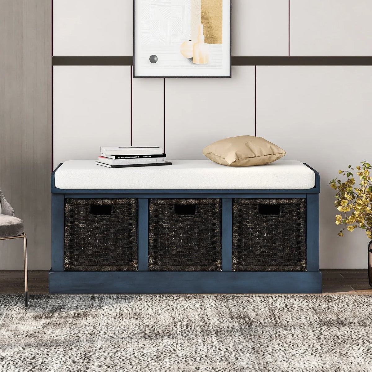 Entryway Storage Bench with 3 Woven Baskets and Removable Cushion, Entry Hallway Foyer Shoe Bench End of Bed Bench, Fully Assembled, 41.3" L x 15.7" W x 17" H (White Washed)
