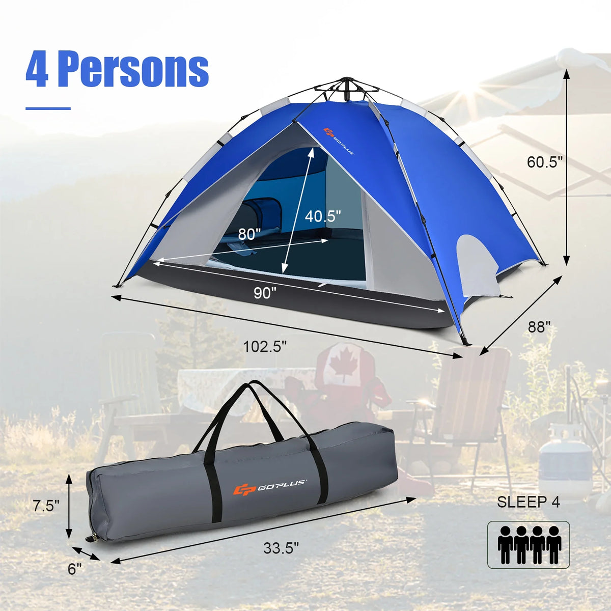 Goplus 4 Person Instant Pop-up Camping Tent 2-in-1 Double-Layer Waterproof Tent Blue