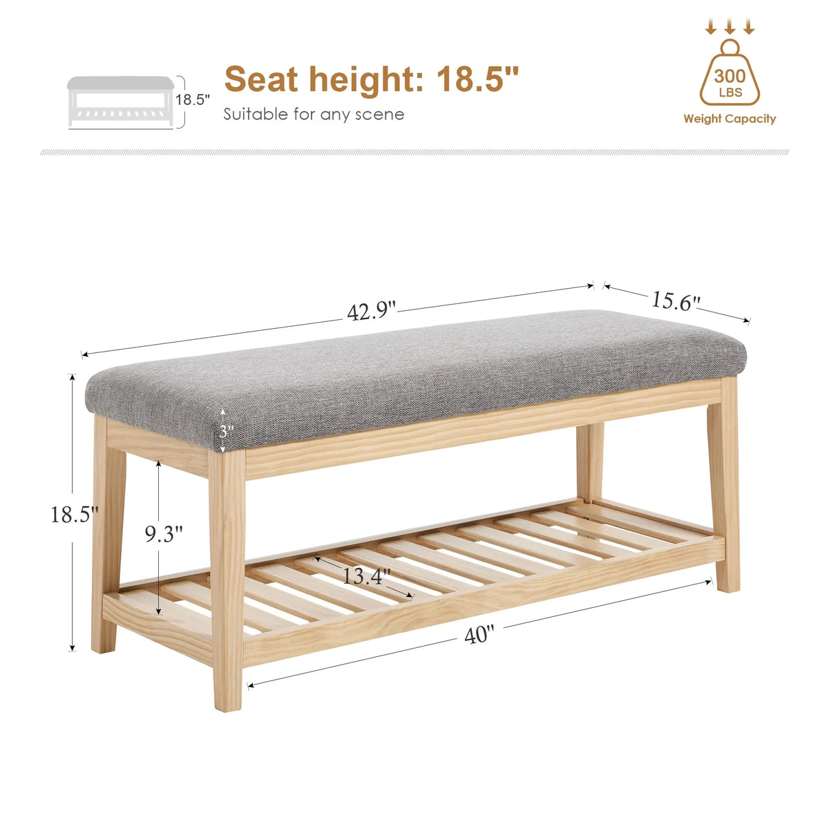 Zesthouse 42.9�?Shoe Bench with Storage, Entryway Bench for Living Room, Bedroom and Hallway, Linen Fabric Upholstered Bench with Solid Wood Shelf, Gray