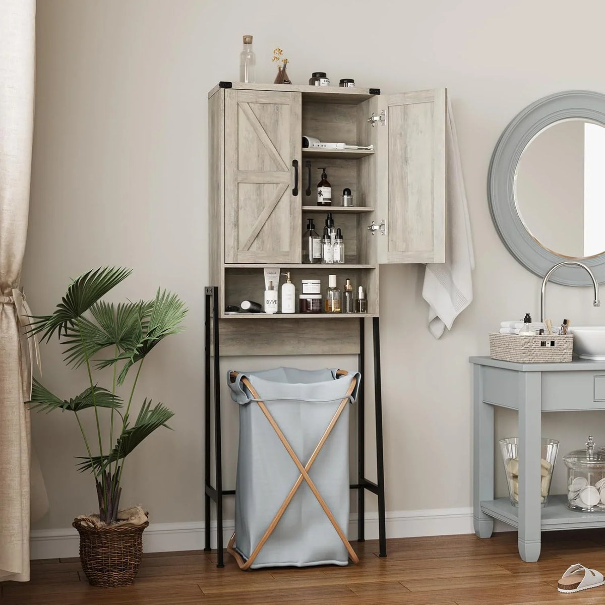 Vabches Over The Toilet Storage Cabinet, 68" H Farmhouse Freestanding Bathroom Storage Organizer with Double Doors & Storage Shelves