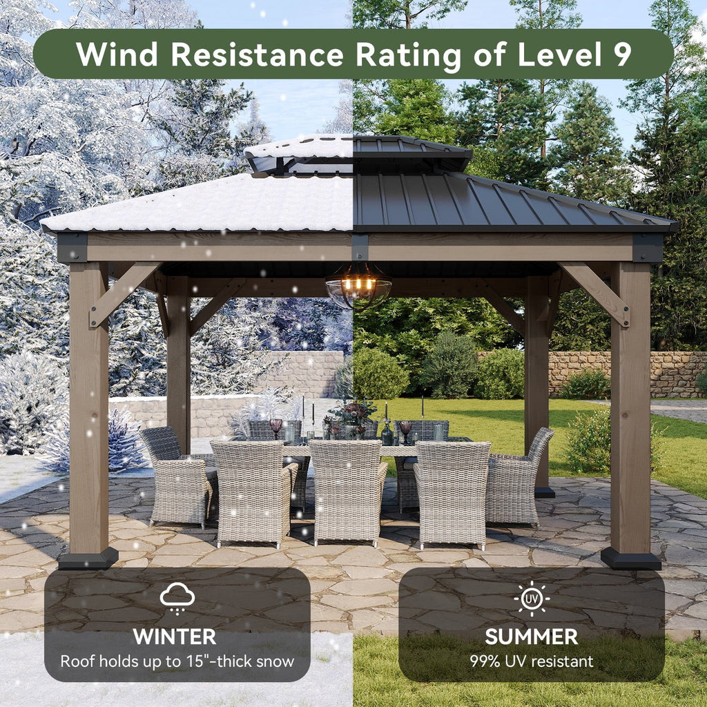 Aoxun 12' x 16' Outdoor Wood Gazebo, Hardtop Gazebo Permanent Wooden Pavilion with Galvanized Steel Double Roof, for Patio, Garden, Backyard, Cedar Wood