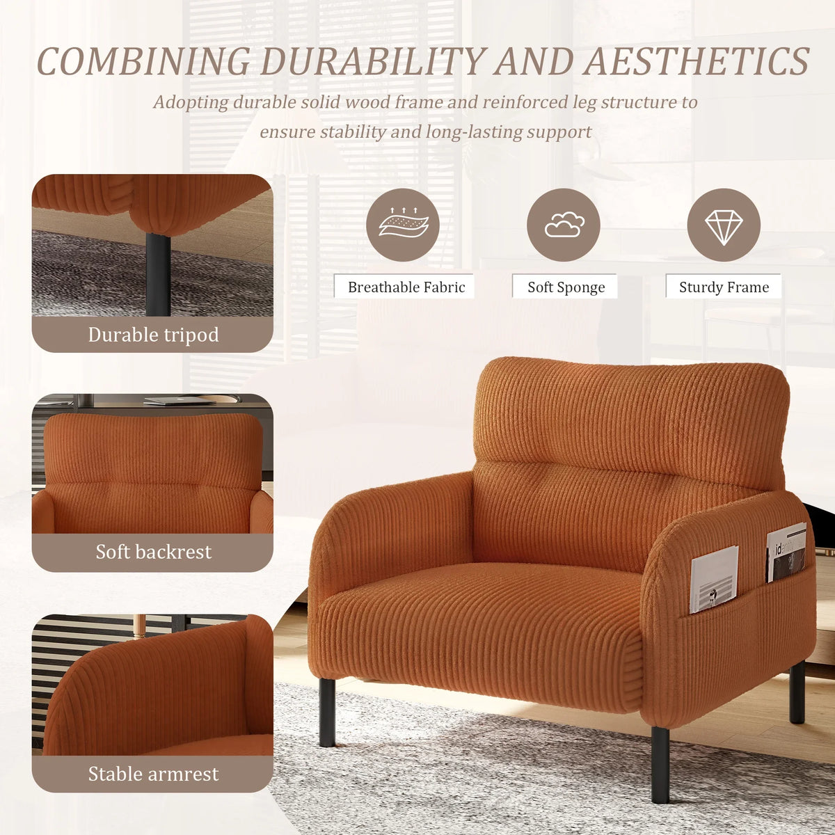 Modern Accent Chair,Armchair,Corduroy Fabric Sofa Chairs,Upholstered Armchair for Living Room,Bedroom,Office,Olive Green