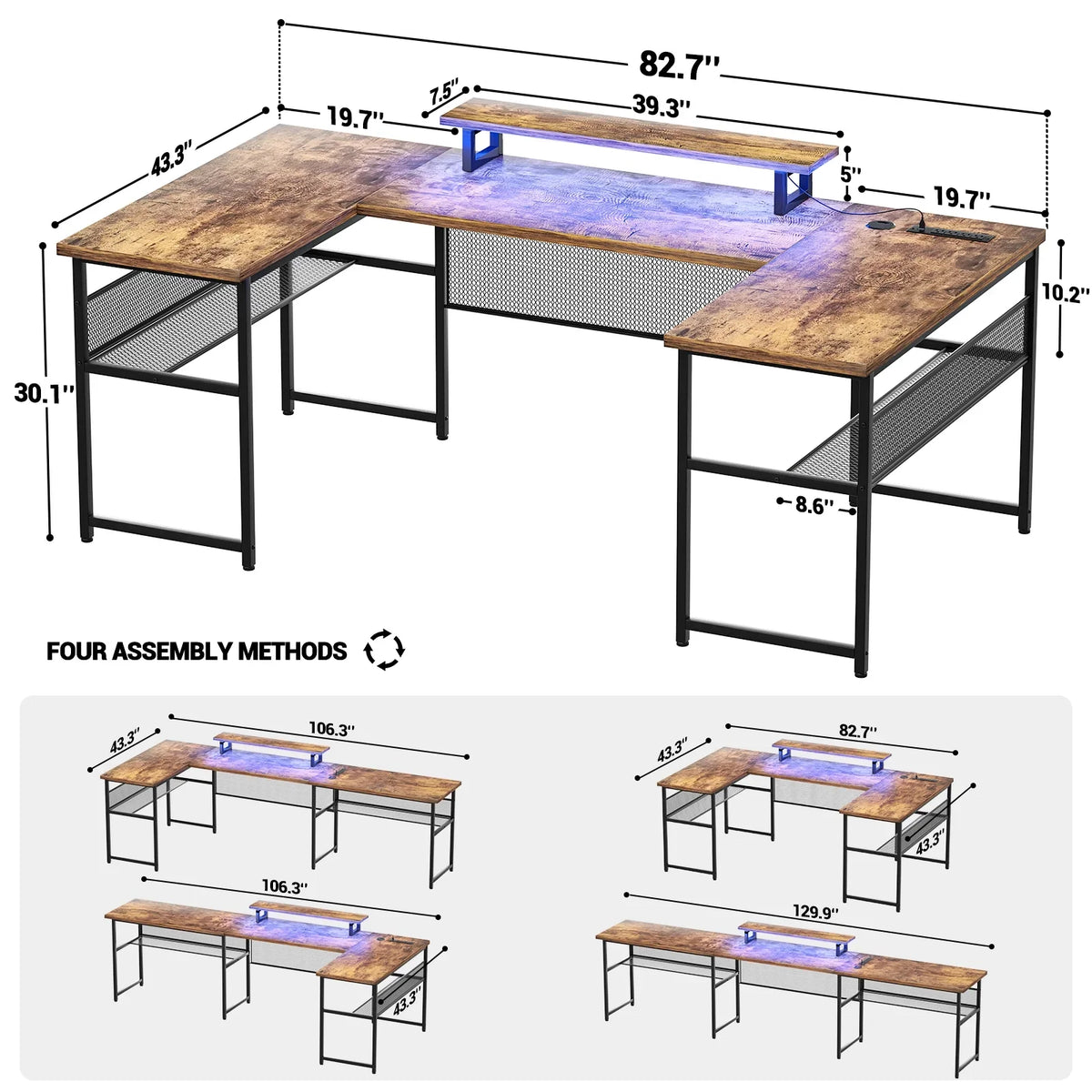 Homieasy U Shaped Desk with Power Outlet and LED Strips, 129.9'' Ergonomic L-Shaped Gaming Desk with Monitor Stand, Reversible Corner Computer Desk with Storage Shelf for Home Office, White Oak