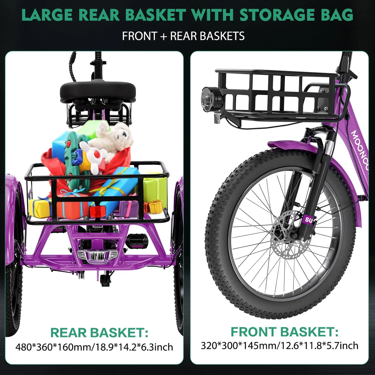 MOONCOOL TK1 Folding Electric Tricycle for Adults,48V 14.5Ah Removable battery, 500W"Peak 1000w"Motor, 20" Fat Tire Step-Thru 3Wheel Electric Bicycle w/Front&Rear Baskets, Certified to UL 2849 by SGS