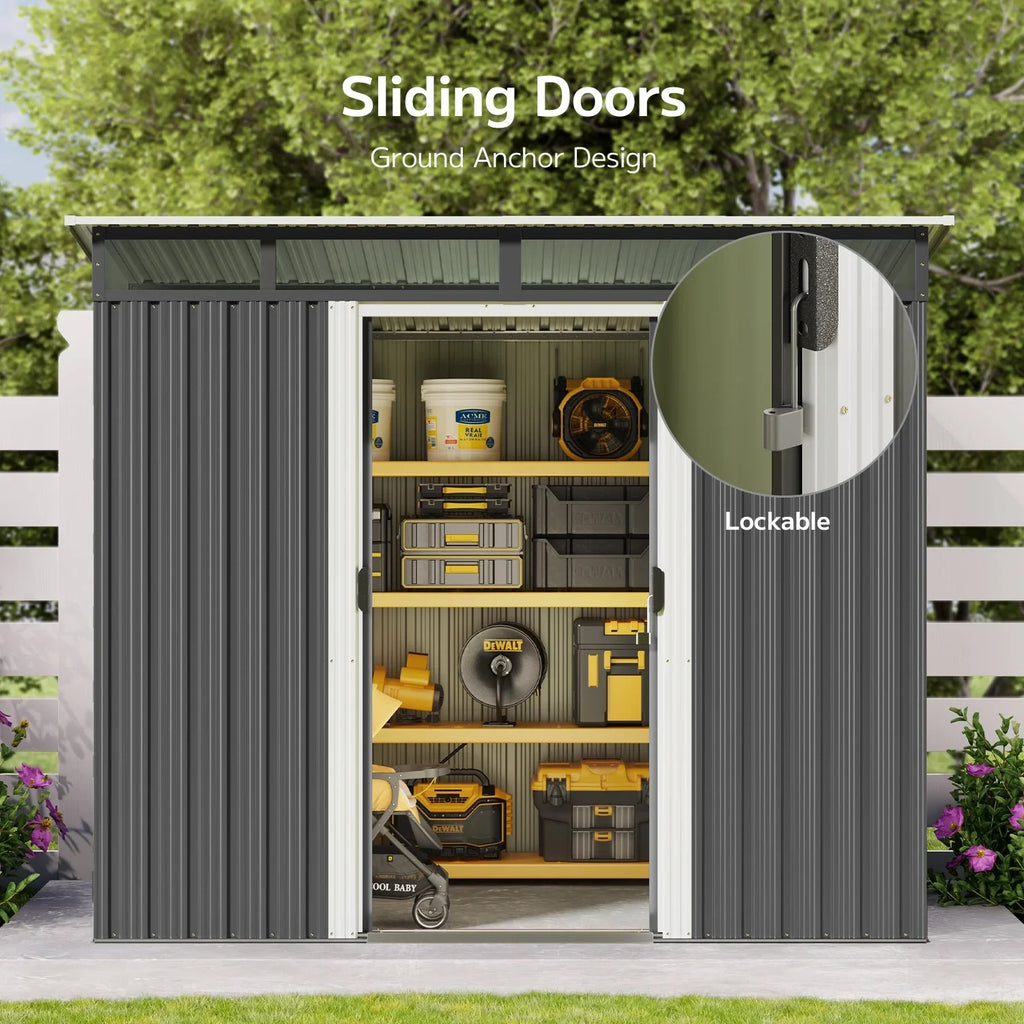 8'x6'ft Metal Shed, Asofer Outdoor Storage Shed with Transparent Panel Window for Garden, Dark Gray