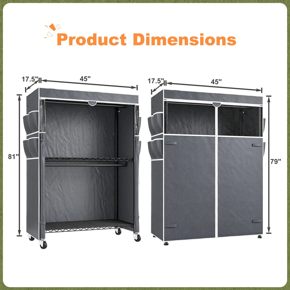 EnHomee Rolling Closet Rack with Dustproof Cover,450LBS Load Capacity Adjustable 81"H Portable Wardrobe with Side Pockets,Black