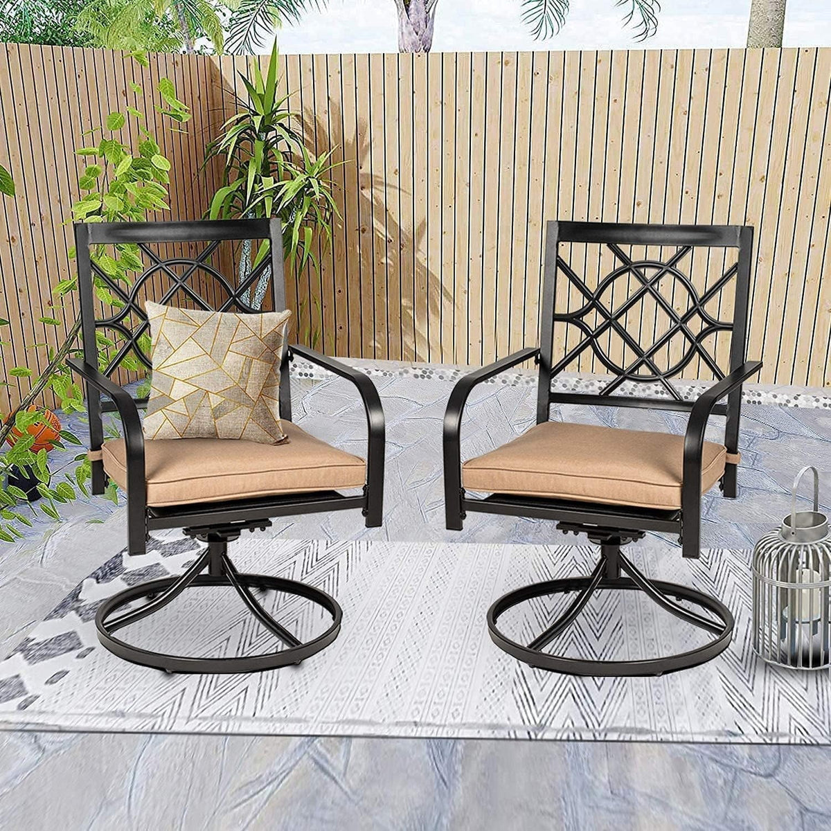 SUNCROWN 5-Piece Outdoor Wrought Iron Chairs and Table Patio Dining Furniture Set - 4 Stackable Metal Chairs, 1 Steel Slat Bistro Table and 1 Sky Blue 9Ft Patio Umbrella for Garden Backyard Deck