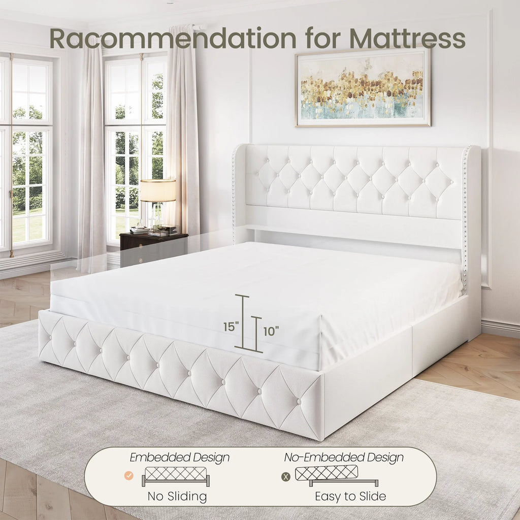 LARMACE Queen Size Platform Bed Frame with 4 Storage Drawers and Tufted Headboard Linen Upholstered Bed Wingback Bed Frame with Wooden Slats Support, Easy Assembly, Light Grey