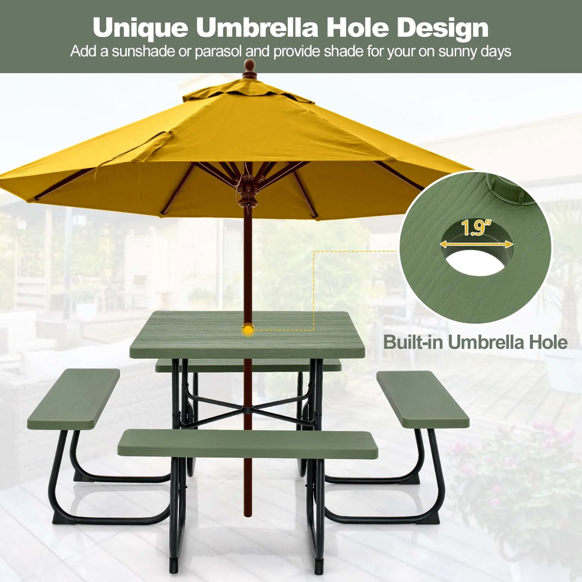 Costway Outdoor 8-person Square Picnic Table Bench Set with 4 Benches & Umbrella Hole White