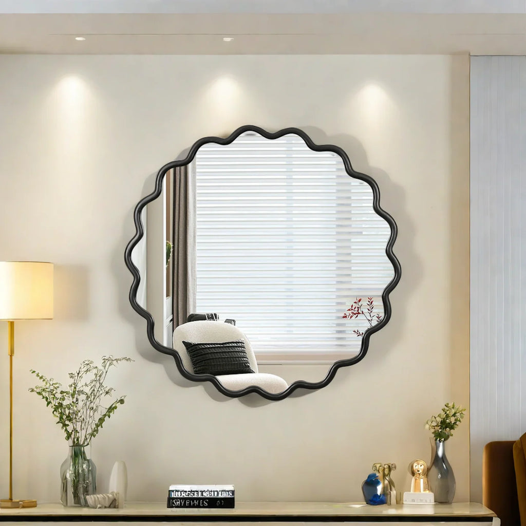Solid Wood Wavy Frame Modern Mirror - 40x28 Inches Durable Farmhouse Wall Decor for Bathroom, Living Room & Entryway with Easy Install