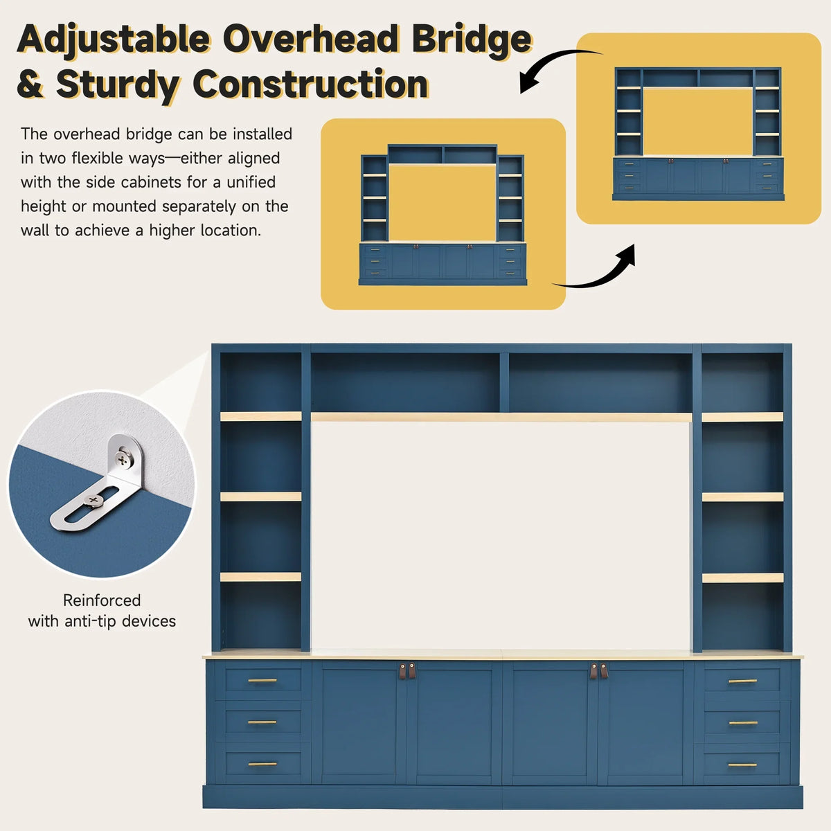 Euroco 102.3"W Farmhouse 4-Piece Entertainment Center Wall Unit with Adjustable Shelf, Modern Large TV Stand with Bookshelves