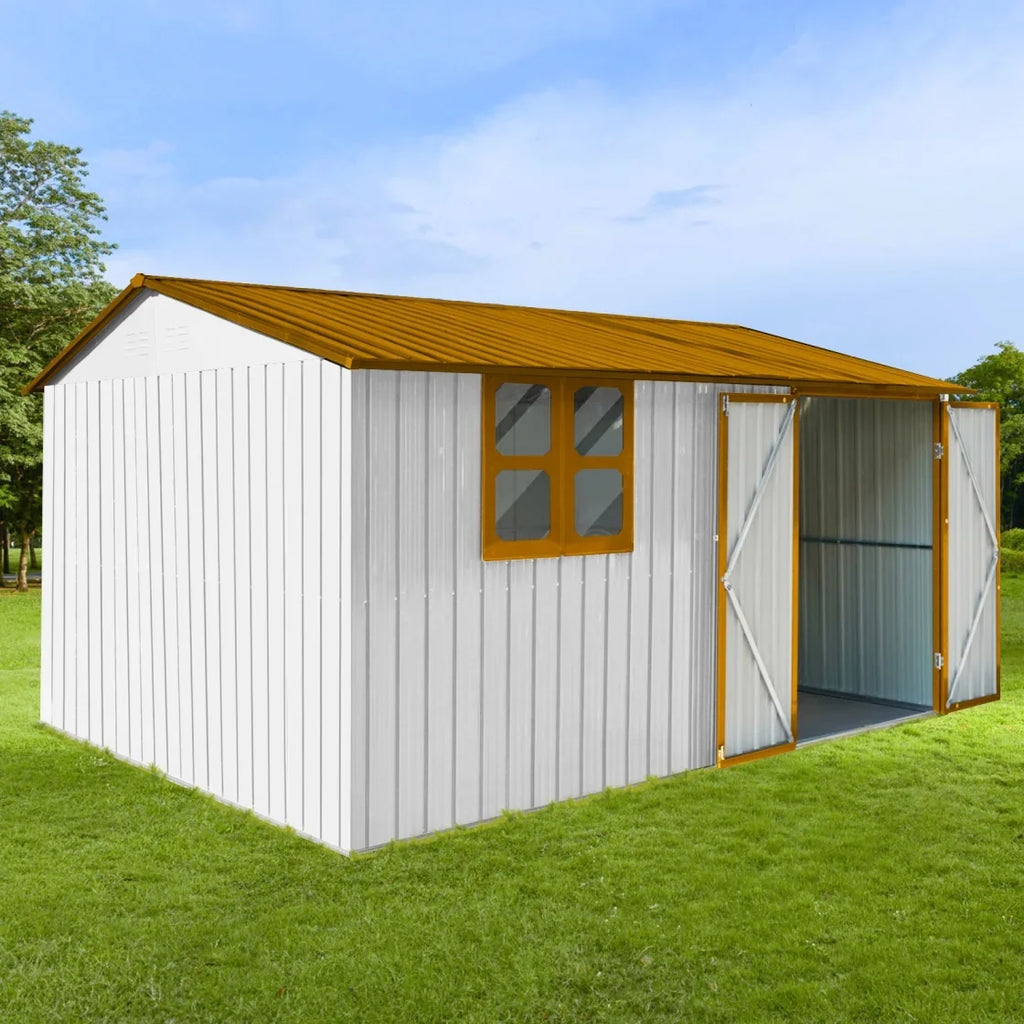 10x12 FT Outdoor Storage Shed, Metal Garden Tool Shed with Vents, Window and Bulit-in Hooks, Waterproof Organization for Home/Backyard/Garden Tools/Lawn Storage, Yellow+White