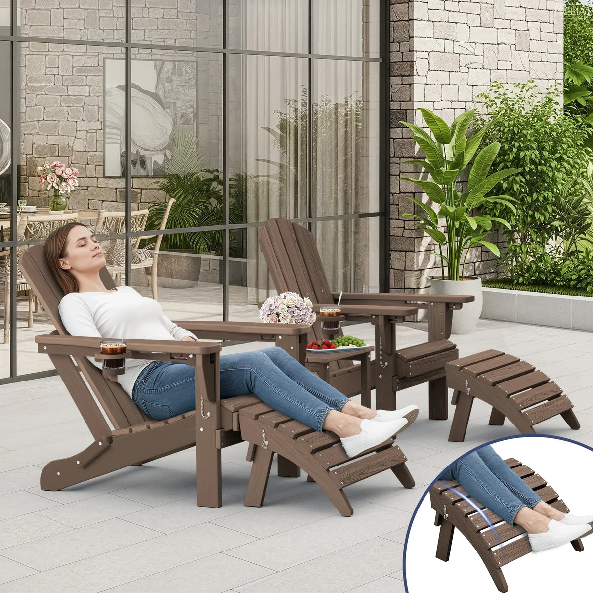 SERWALL Outdoor Adjustable Folding HDPE Adirondack Chairs Set of 2 with Cup Holder, Gray