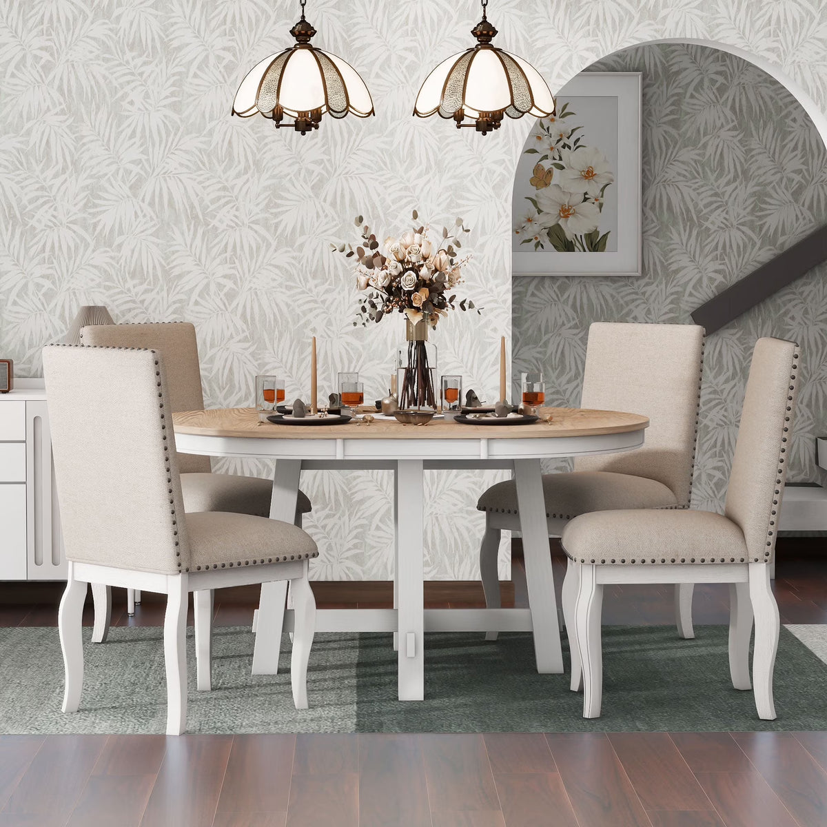 Harper & Bright Designs Round Extendable Dining Table Set for 4, 5 Piece Farmhouse Wood Dining Table Set with 4 Upholstered Dining Chairs, Natural Wood Wash
