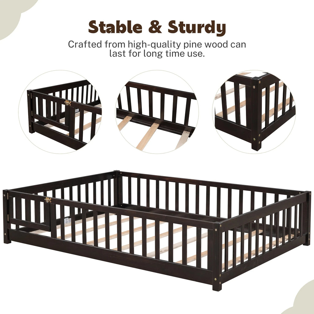PAPROOS Twin Size Floor Bed, Solid Wood Toddler Bed with Slat, Fence Guardrail and Door, No Box Spring Needed, Montessori Bed, Twin Bed for Kids, Boys, Girls, Gray