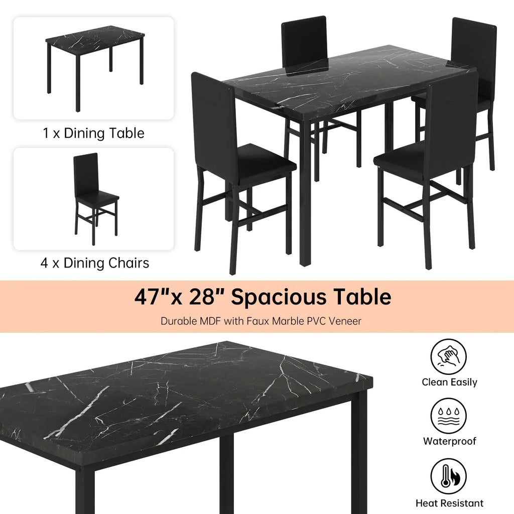 AWQM Dining Table Set of 4, Faux Marble 5 Piece Dining Room Table Set with PU Leather Chairs, Rectangular Kitchen Table Set for Apartment, Dining, White