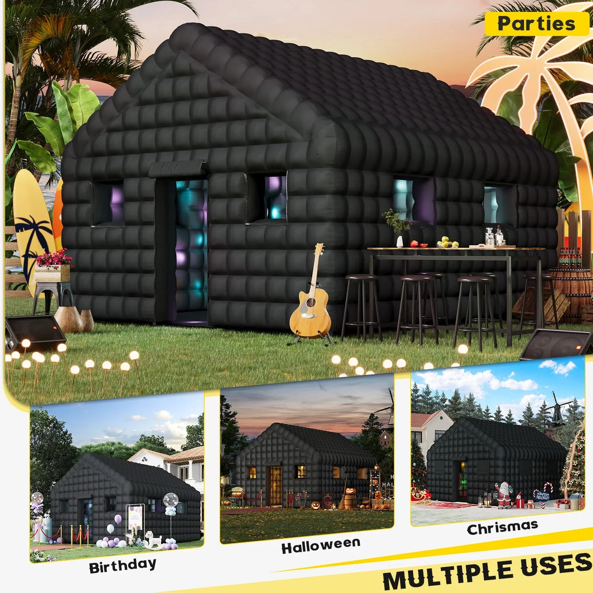 EROMMY Inflatable Nightclub 20x16.5x12 Ft, Inflatable Party Tent with 950w Blower, Inflatable Club Tent for Birthday Party Wedding Backyard Rental Business, Black