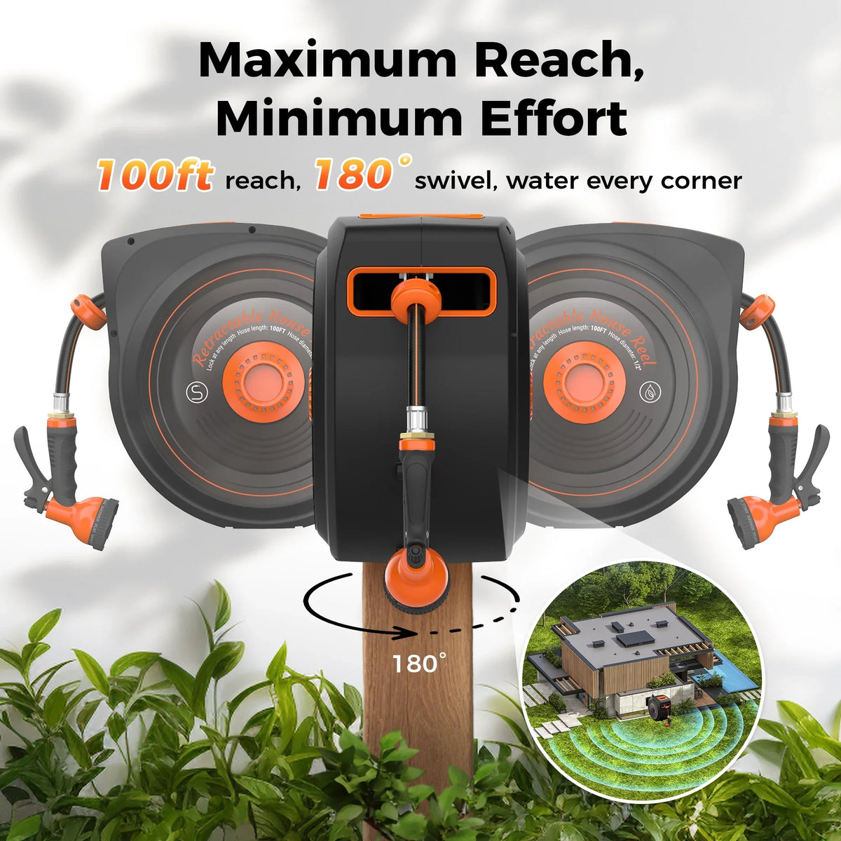 Retractable Garden Hose Reel 1/2 in x 100 ft, Auto-Rewind & Any Length Lock, 180" Swivel Heavy Duty Hose Reel Wall Mount for Outside, 10 Spray Patterns, UV-Resistant