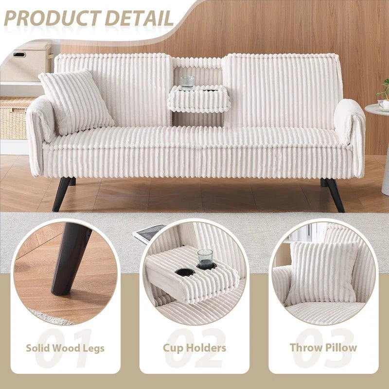 FFH Modern Corduroy Futon Sofa Bed with Adjustable Backrest,Convertible Loveseat Sleeper,Soft Couch with Drop-Down Table and Cup Holder for Living room,Pink