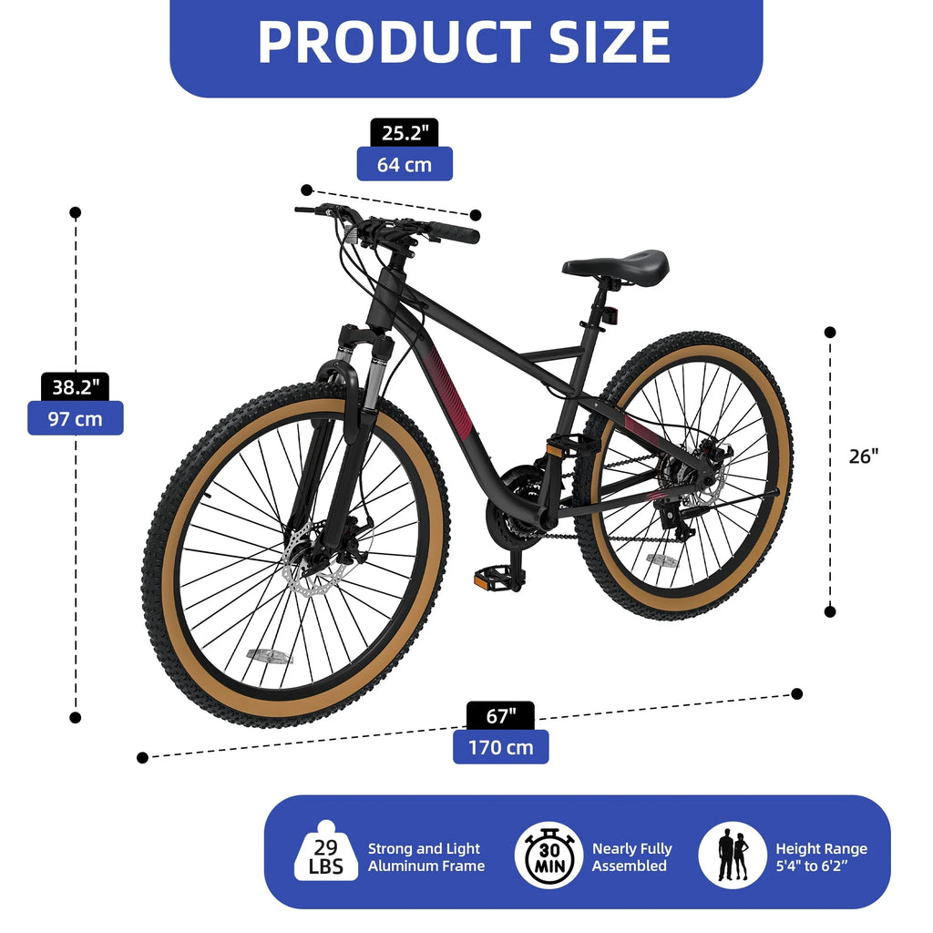 ModFusion 26-Inch Aluminum Alloy Mountain Bike, 21-Speed, Disc Brakes, Black with Brown Tires, 85% Assembled