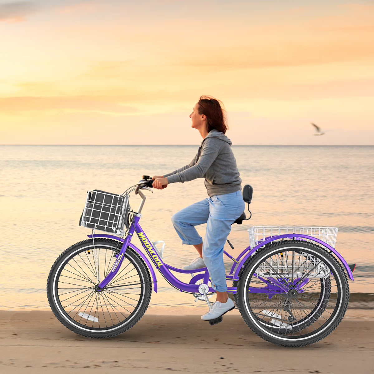MOONCOOL Adult Tricycles with Rear Basket & Inflator, 24 26 inch 7 Speed 3 Wheel Bikes, Three-Wheeled Bicycles Adult Trike with Backrest for Seniors, Women, Men