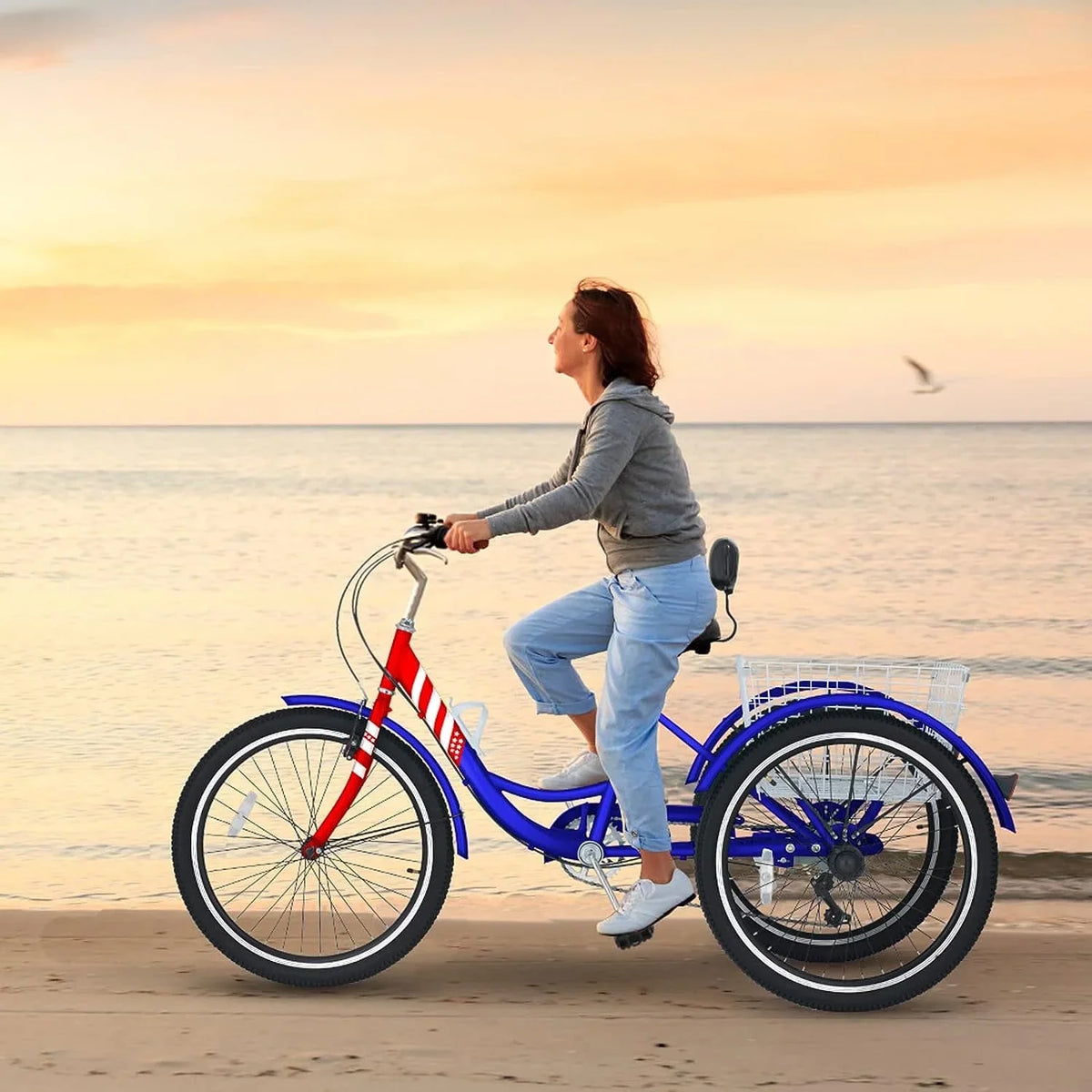 MOONCOOL Adult Tricycles with Rear Basket & Inflator, 24 26 inch 7 Speed 3 Wheel Bikes, Three-Wheeled Bicycles Adult Trike with Backrest for Seniors, Women, Men