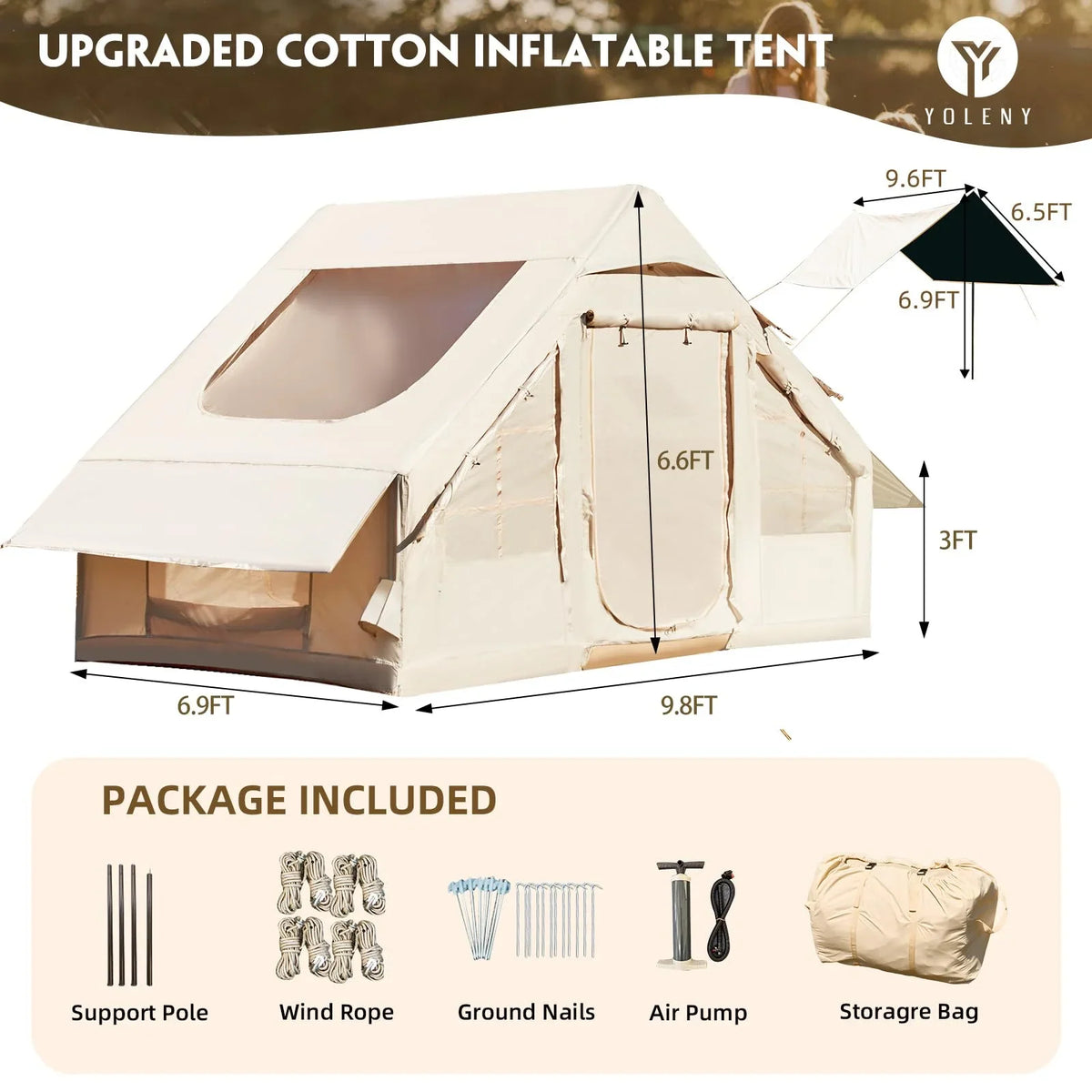 Erommy 3-4 Person Inflatable Tents for Camping with Large Rainproof Cover, Blow-Up Tent with Hand Pump, Easy Setup Tent House, Air Tent for Camping Adult,Beige