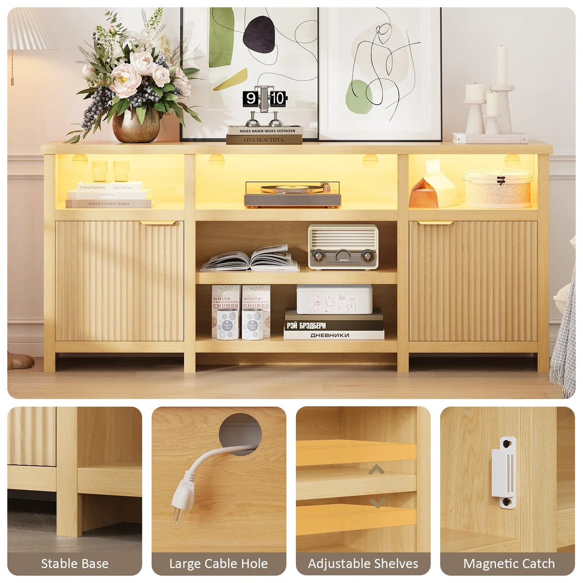 Planntonneo Mid-Century Modern Fluted TV Stand Wooden Media Console Entertainment Center for Living Room, Walnut Color