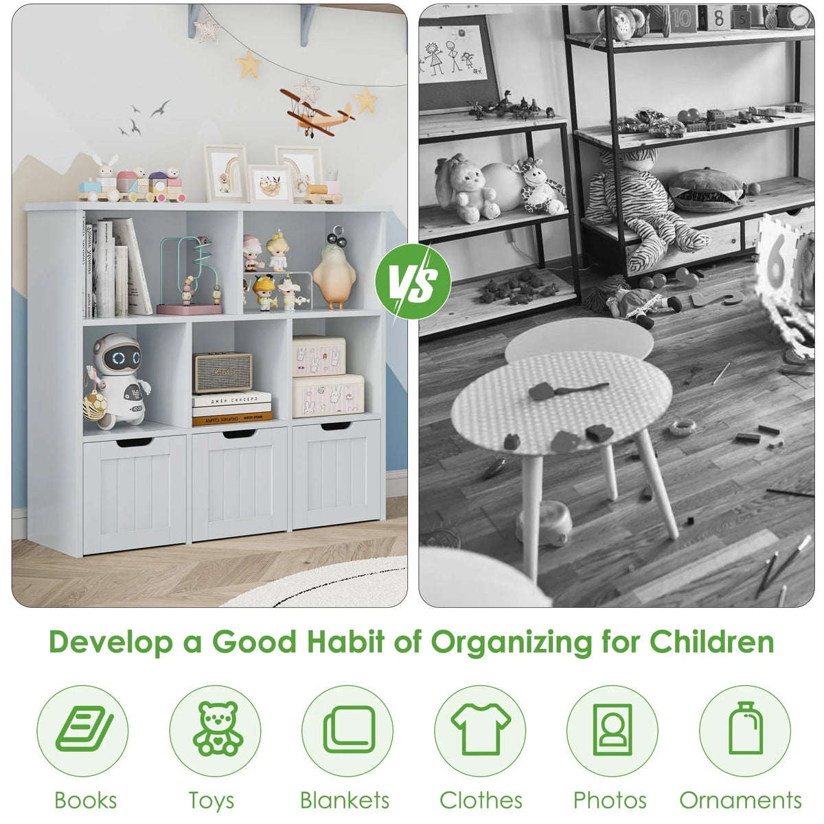 Homfa Toy Storage Organizer with 3 Movable Drawers, 5 Cube Kids Bookcase for Playroom, Storage Cabinet for Living Room, White Finish